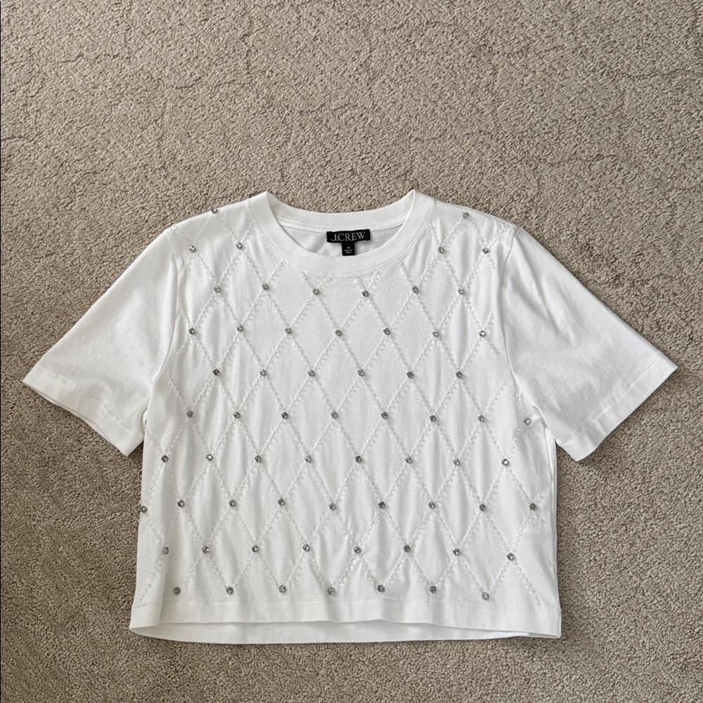 J. Crew White Short Sleeve Crop Top with Embellishments